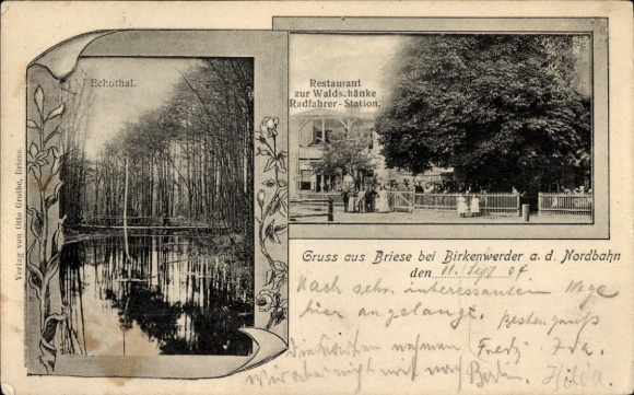 Ak Briese Birkenwerder im Kreis Oberhavel, Restaurant zur Waldschänke, Radfahrer-Station