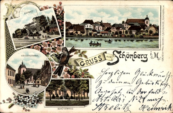 Chromo-Litho Schönberg Mecklenburg, train station, war memorial, shooting range
