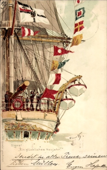 Künstler Litho Bohrdt, Fröhliches Neujahr, Segelschiff mit Signalfahnen