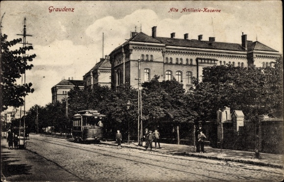 Postcard Grudziądz Graudenz West Prussia, old artillery barracks, tram