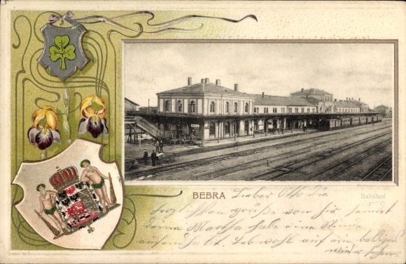 Embossed coat of arms passepartout PC Bebra an der Fulda Hesse, station track side