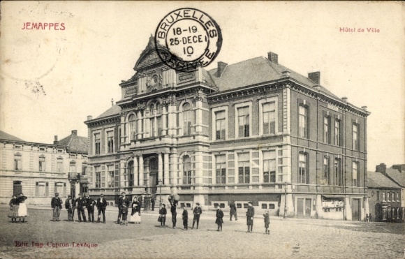 PC Jemappes Wallonia Hainault, Hôtel de Ville, crowd, postmark, year 1910
