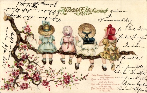 Präge Litho Glückwunsch Pfingsten, Kinder am Baum