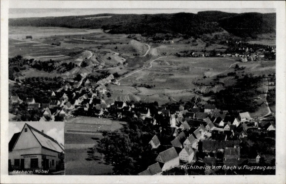 Postcard Mühlheim am Bach Sulz am Neckar, aerial photograph, bakery Nübel