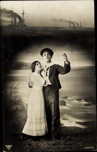 Postcard sailor with wife, lovers, farewell, warships
