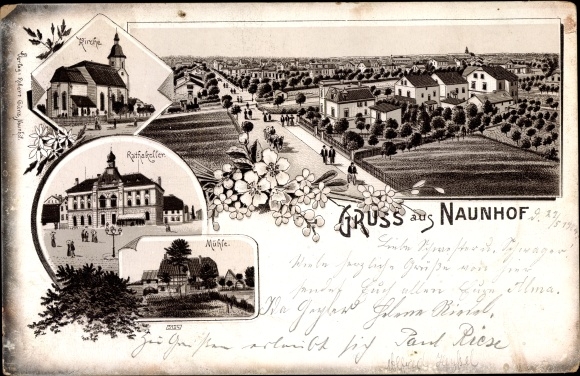 Chromo-Litho Naunhof in the district of Leipzig, total view of the place, church, Ratskeller, mill