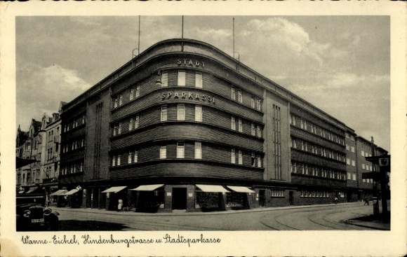 Postcard Wanne Eickel Herne in the Ruhr area, Hindenburgstraße, Stadtsparkasse