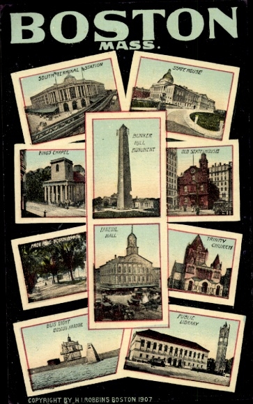 Ansichtkaart Boston Massachusetts USA met foto's: South Terminal Station, Bunker, State House...