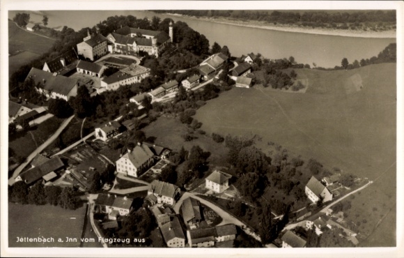 Postcard Jettenbach am Inn Upper Bavaria, aerial photograph, Jettenbach a. Jnn, river, residential buildings