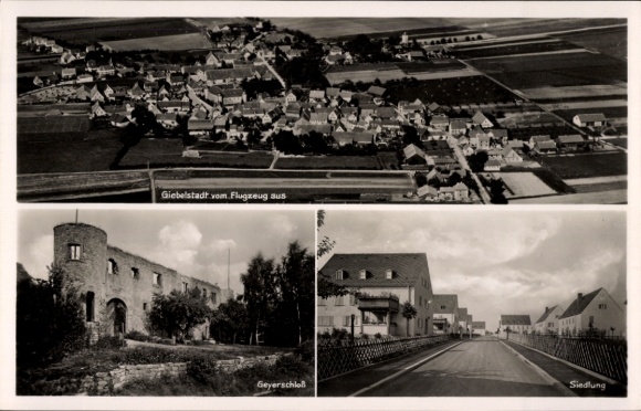 Postcard Giebelstadt in Lower Franconia, aerial photograph, Geyerschloss, settlement