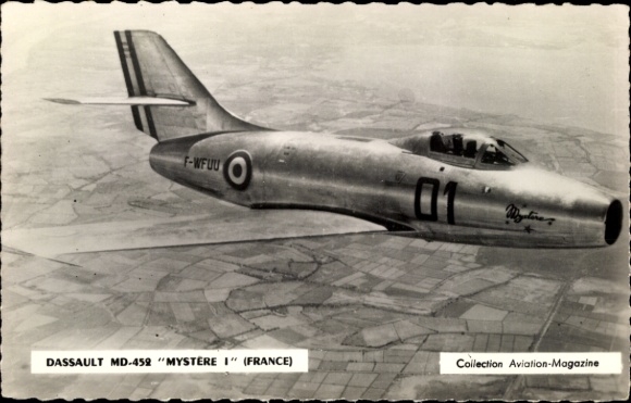 Postcard Dassault MD.452 Mystère I, fighter aircraft