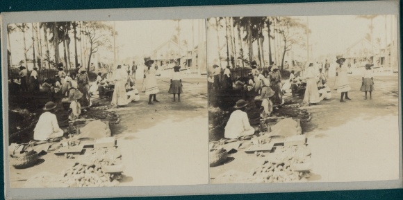 Stereo photo Barbados, market, native traders, fruit, vegetables, 1914 trip around the world