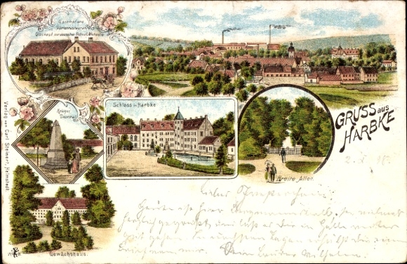 Chromo-Litho Harbke near Helmstedt, castle, war memorial, inn, Breite Allee, greenhouse