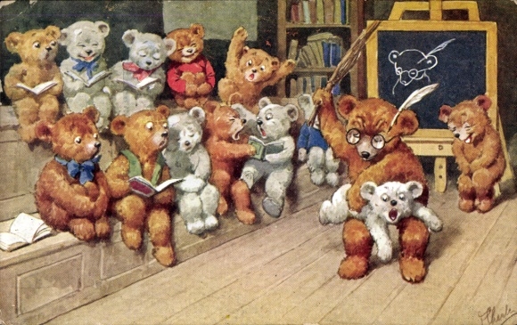 Artist Postcard Teddy bears in school, teachers, humanized bears, the mistaken artist