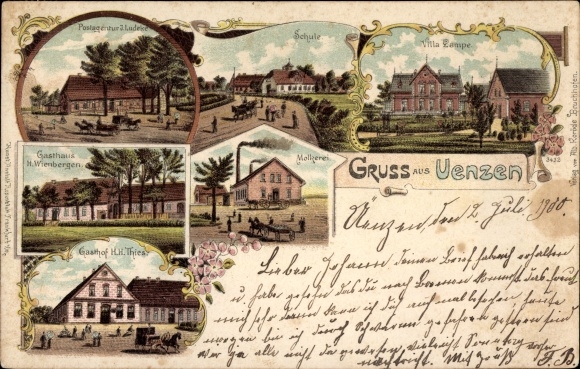 Chromo-Litho Uenzen Süstedt, Ludeke postal agency, school, Villa Lampe, Gasthof Thies