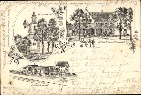 Chromo-Litho Aerzen in the Weserbergland, church, Dommes department store and restaurant, train station