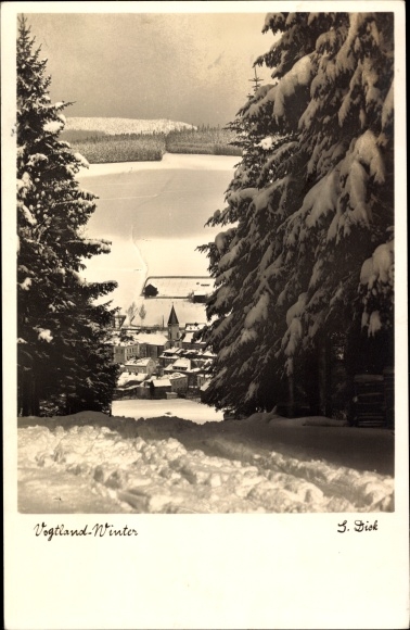 Postcard Erlbach im Vogtland, winter panorama