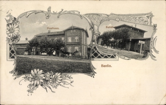 Passepartout Postcard Bantin Zarrentin am Schaalsee, Posthaus, Bahnhof