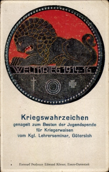Ak Kriegswahrzeichen, Jugendspende für Kriegswaisen, Königliches Lehrerseminar, Gütersloh