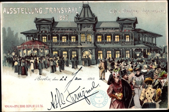 Chromo-Litho Berlin Charlottenburg, Transvaal Exhibition 1897, Cafe and Clubhouse Johannesburg, visitors