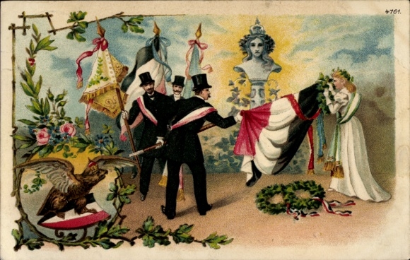 Postcard Three noble men with imperial flag, bust, eagle, patriotism
