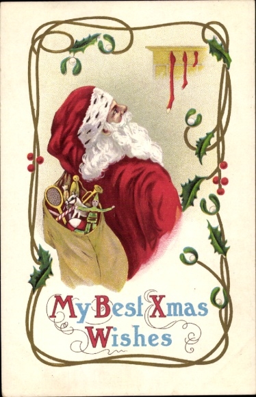 Postcard Congratulations Christmas, Santa Claus with gift sack, mistletoe, holly branches