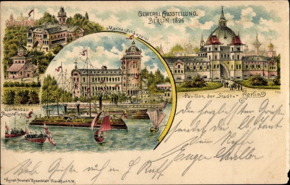 Chromo-Litho Berlin, trade exhibition 1896, naval spectacle, horticultural exhibition, city pavilion