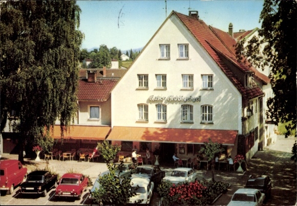 Postcard Bad Säckingen am Hochrhein, Gasthaus Hiddigeigeil, terrace with tables, cars, trees