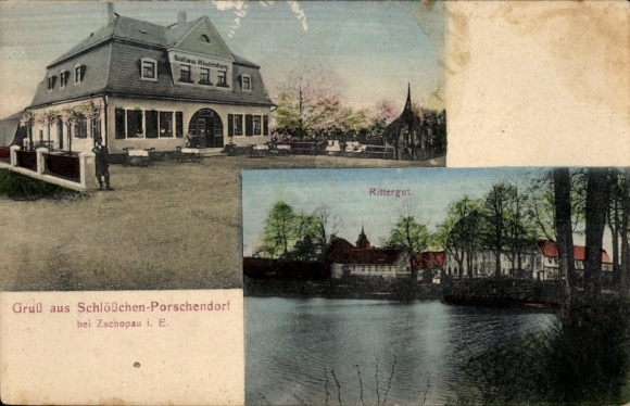 Ak Zschopau im Erzgebirge Sachsen, Gasthaus Hindenburg, Schlößchen-Porschendorf, Rittergut, id...
