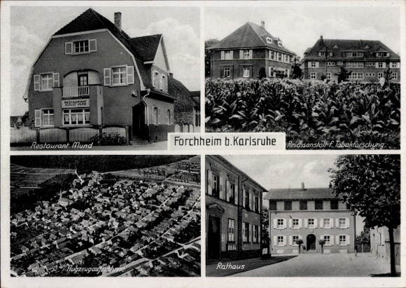 Ak Forchheim (bei Karlsruhe) Rheinstetten in Baden, Restaurant Mund, Tabakforschung, Luftaufnahme