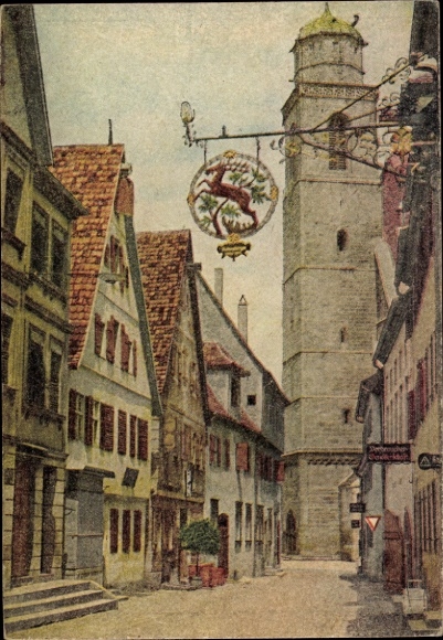 Ak Dinkelsbühl im Kreis Ansbach Mittelfranken, Straßenpartie, Turm, Schild