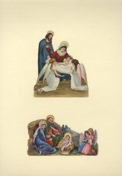 2 opłatki ze scenami biblijnymi, historią Bożego Narodzenia, Maryją, Józefem, Dzieciątkiem Jezus, aniołkami, każdy o wymiarach ok. 10 x 11 cm