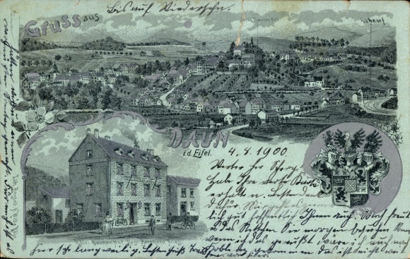 Mondschein Litho Daun in der Eifel, Gesamtansicht, Hotel Dauner Hof, Wappen