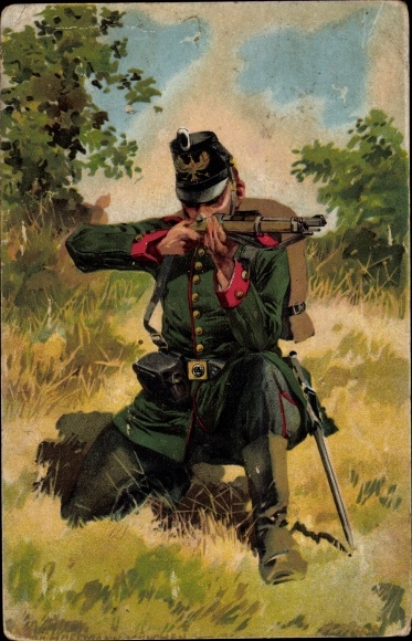 Kunstenaar litho Hoffmann, A., Duitse soldaat, Guard Jäger, munitiegordel, geweer, Kaiserreich