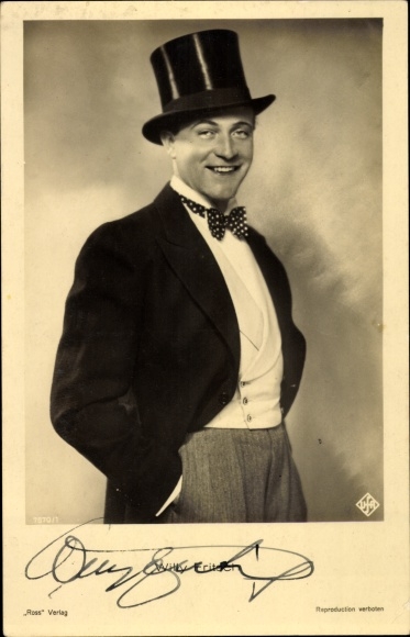 Ak Schauspieler Willy Fritsch, Portrait, Zylinder, Ross Verlag 7870/1, UFA, Autogramm