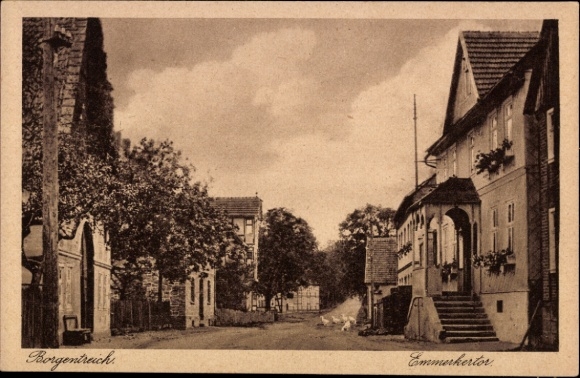 Postcard Borgentreich in Westphalia, street, houses, trees, clouds, Emmerkertor