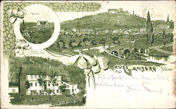 Chromo-Litho Gamburg Werbach an der Tauber, inn, train station, view of the town