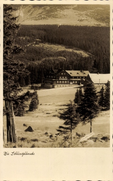 Postcard Karpacz Krummhübel Giant Mountains Silesia, Schlingelbaude, Hampelbaude in the background