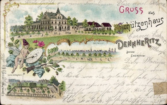 Chromo-Litho Dennheritz in Saxony, Schützenhaus, village view, angel with target