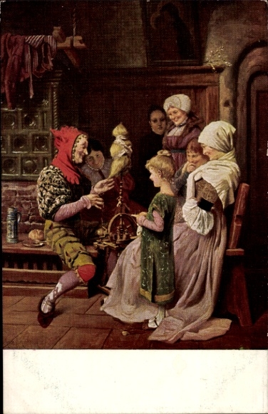 Artist Postcard Kaulbach, H., Old woman spinning, What Hans doesn't learn, Hans never learns