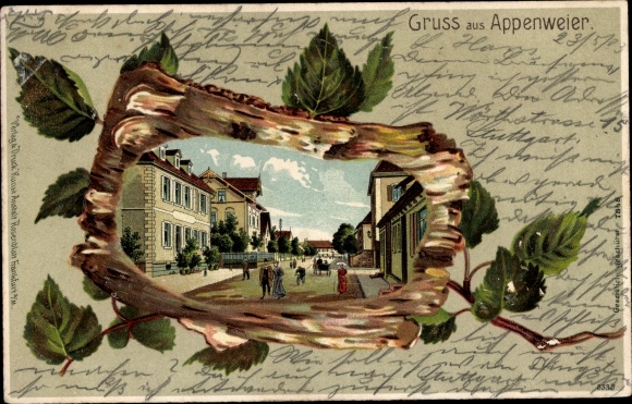 Embossed birch wood litho Appenweier in the Black Forest, street scene, passers-by