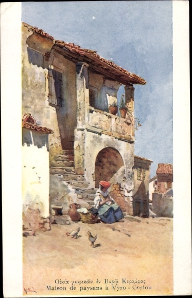 Artist Postcard Vyro Corfu Greece, Maison de paysans