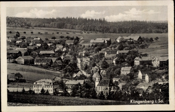 Postcard Klingenberg in the Ore Mountains of Saxony, landscape, houses, trees, fields
