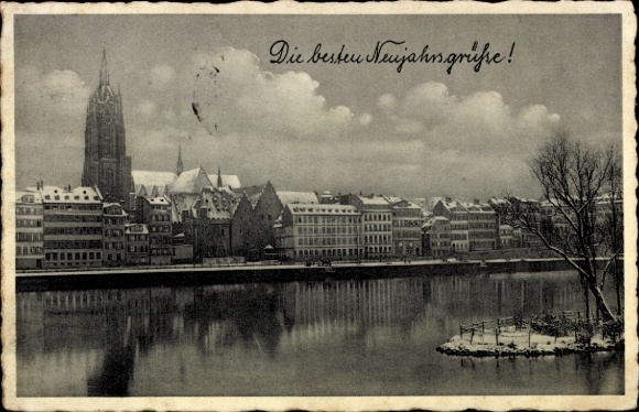 Postcard Frankfurt am Main, snow-covered city view, cathedral, New Year's greetings