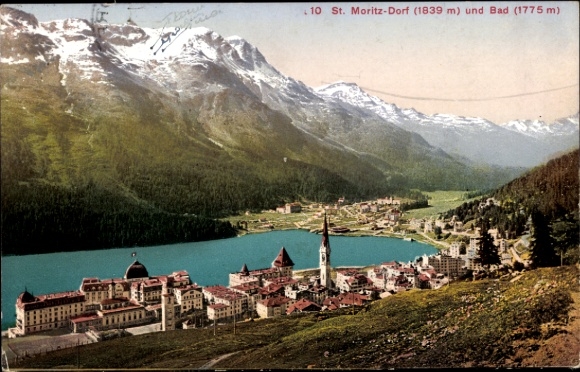 Postcard St Moritz village Graubünden, town with lake, mountains