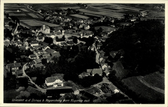 Postcard Wiesent in the Upper Palatinate, aerial photograph of Wiesent, rural landscape, black and white image