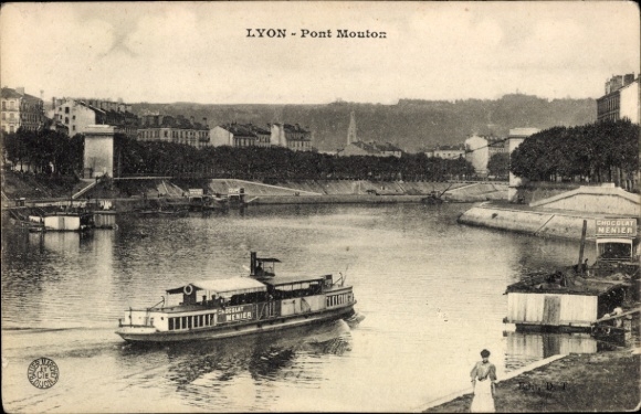 Ak Lyon Rhône, Schiff auf dem Wasser, Pont Mouton, Menier Schokolade