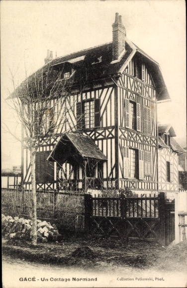 Ak Gacé Orne, Cottage, traditionelle Architektur, Normandie, Schwarz-Weiß
