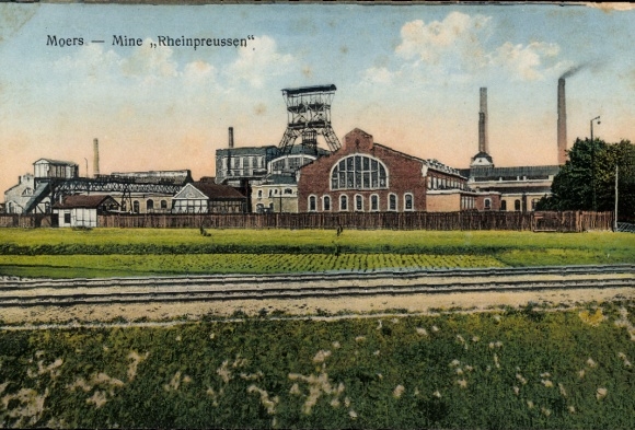 Postcard Moers on the Lower Rhine, Rheinpreußen mine, railway tracks, chimneys
