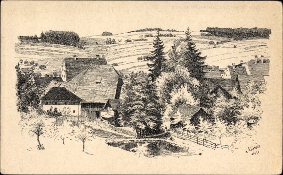 Artist Postcard Kirsch, Ortenburg in Lower Bavaria, houses and surroundings, fields